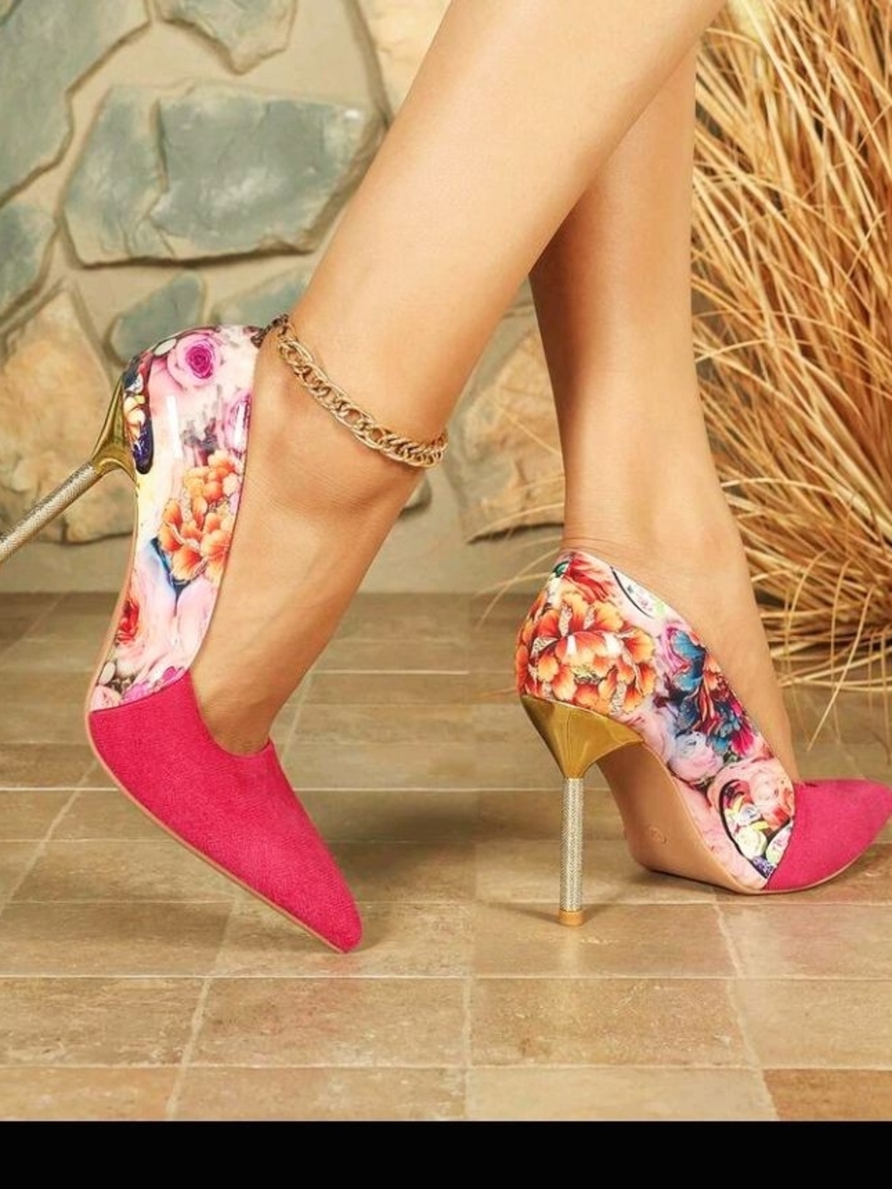 Floral Pink Pointed Toe High Heels